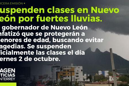 Samuel García llama a tomar precauciones por lluvias. El gobernador de Nuevo León enfatizó que se protegerán a menores de edad, buscando evitar tragedias. Se suspenden oficialmente las clases el día viernes 2 de octubre.

No te pierdas Imagen Noticias #Monterrey con #BrisseidaMoya de lunes a viernes por Imagen Televisión Monterrey.

Síguenos en nuestras redes
Instagram: https://www.instagram.com/imagentvmonterrey/
Twitter: https://twitter.com/ImagenTVMTY
Facebook: https://www.facebook.com/ImagenTVMTY/

Mantente siempre informado con las noticias sobre los acontecimientos más importantes a nivel nacional con Claudia Ovalle y Brenda Cavazos.


¡Dale like y suscríbete!
