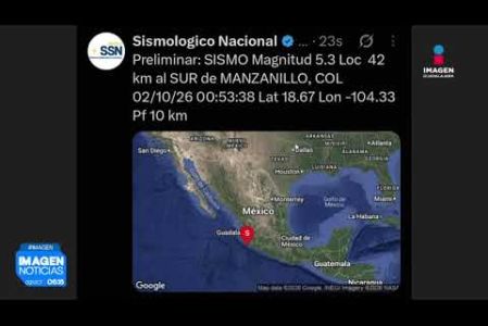 Durante la madrugada de este viernes 2 de octubre, se registró un sismo de magnitud 5.3 con epicentro localizado a 42 kilómetros al sur de Manzanillo, #Colima.

#NoticiasImagen

Síguenos en nuestras redes:

Instagram: https://www.instagram.com/imagentvgdl/
TikTok: https://www.tiktok.com/@imagennoticias
Twitter: https://twitter.com/ImagenTVGDL
Facebook: https://www.facebook.com/ImagenTVGDL/
Visita nuestro sitio Web: https://www.imagentv.com/guadalajara

Mantente siempre informado con las noticias sobre los acontecimientos más importantes a nivel nacional con Erick Breguer.

¡Déjanos tus comentarios, da like, comparte y suscríbete!