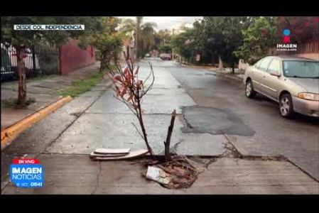 Vecinos de la Col. Independencia, en #Guadalajara, reportan un socavón de consideración sobre la calle Monte Jura, en su cruce con Siete Colinas. Ante la falta de señalización oficial y el riesgo constante de accidentes por los vehículos estacionados en la zona, colonos colocaron ramas como advertencia para los automovilistas.