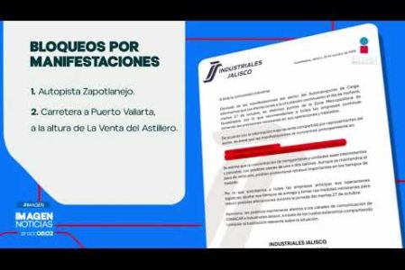 El organismo Industriales Jalisco advirtió que las movilizaciones y protestas del sector transportista continuarán este martes, con posibles afectaciones en la autopista a Zapotlanejo y en la salida hacia Puerto Vallarta / Nogales, específicamente a la altura de La Venta del Astillero en #Zapopan.

#NoticiasImagen

Síguenos en nuestras redes:

Instagram: https://www.instagram.com/imagentvgdl/
TikTok: https://www.tiktok.com/@imagennoticias
Twitter: https://twitter.com/ImagenTVGDL
Facebook: https://www.facebook.com/ImagenTVGDL/
Visita nuestro sitio Web: https://www.imagentv.com/guadalajara

Mantente siempre informado con las noticias sobre los acontecimientos más importantes a nivel nacional con Erick Breguer.

¡Déjanos tus comentarios, da like, comparte y suscríbete!
