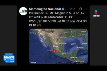 Durante la madrugada de este viernes 2 de octubre, se registró un sismo de magnitud 5.3 con epicentro localizado a 42 kilómetros al sur de Manzanillo, #Colima.
#NoticiasImagen
Síguenos en nuestras redes:
Instagram: https://www.instagram.com/imagentvgdl/
TikTok: https://www.tiktok.com/@imagennoticias
Twitter: https://twitter.com/ImagenTVGDL
Facebook: https://www.facebook.com/ImagenTVGDL/
Visita nuestro sitio Web: https://www.imagentv.com/guadalajara
Mantente siempre informado con las noticias sobre los acontecimientos más importantes a nivel nacional con Erick Breguer.
¡Déjanos tus comentarios, da like, comparte y suscríbete!