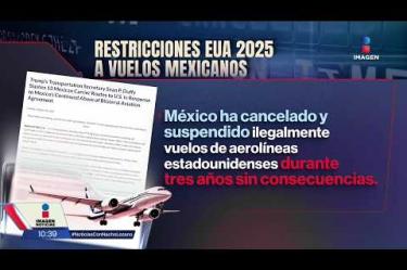 Autoridades aeronáuticas de #EUA revocaron las medidas que restringían la apertura de vuelos desde el #AIFA y el #AICM. La Secretaria de Relaciones Exteriores informó que la revocación de estas medidas restrictivas tienen efecto inmediato. De esto trata:  

#NoticiasConNachoLozano
#NoticiasImagen 

¡Como nadie en la noche! #ImagenNoticias con Nacho Lozano de lunes a viernes a las 10:30 pm en el 3.1 #ImagenTelevisión. 

Visita nuestro sitio Web: http://bit.ly/2nT2Wz5 

Síguenos en nuestras redes: 
Instagram: @imagentvnoticias 
Tiktok: @imagennoticias 
X: @ImagenNoticias_ 
Facebook: https://www.facebook.com/ImagenTVNoticias/ 

Aquí encontrarás la mejor información nacional e internacional de Imagen Noticias con Francisco Zea, Paola Rojas, Crystal Mendivil y Nacho Lozano.